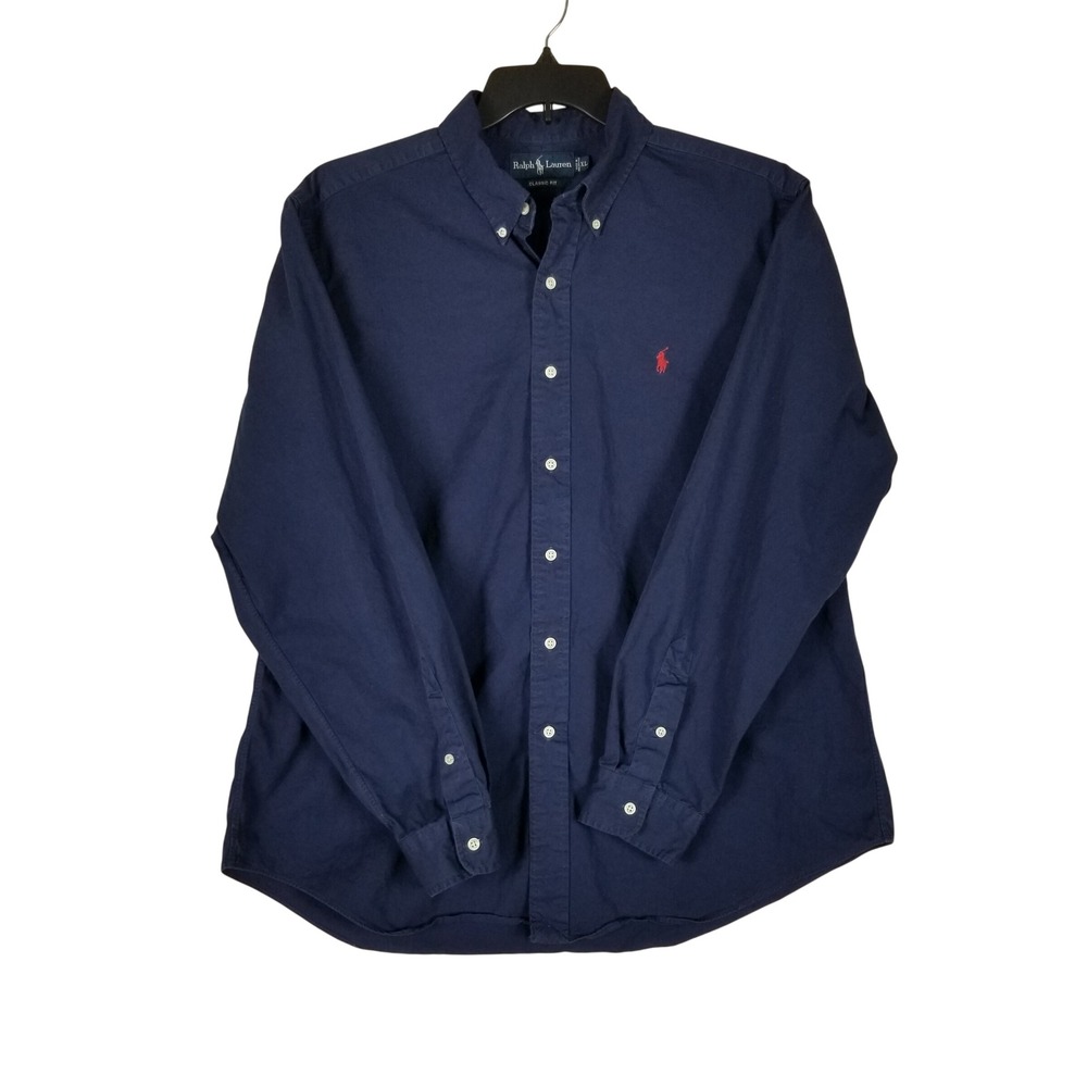 Ralph Lauren Button Down Shirt Mens XL Navy Blue Classic Fit Long Sleeve Cotton